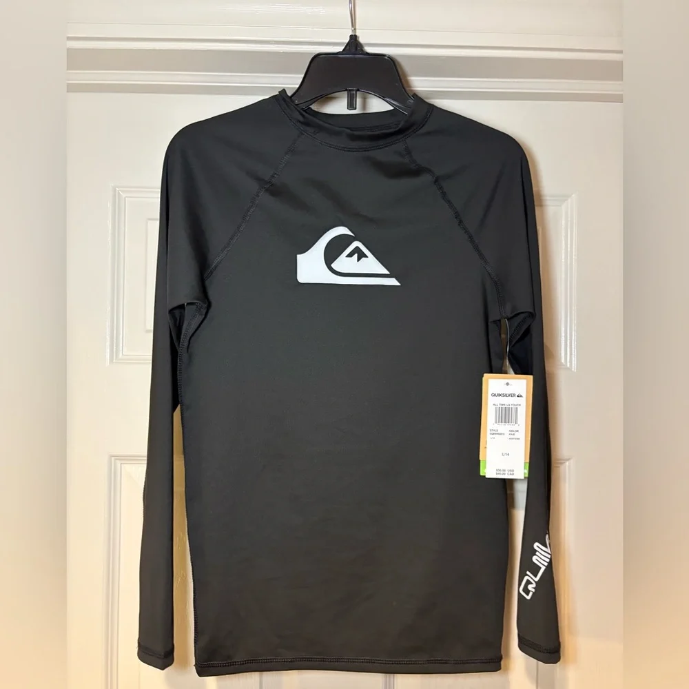 NWT Quiksilver Boys Black Long Sleeve Rashguard‎ Swim Shirt UPF 50 Summer